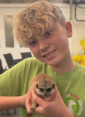 Charlie holding meerkat Timon